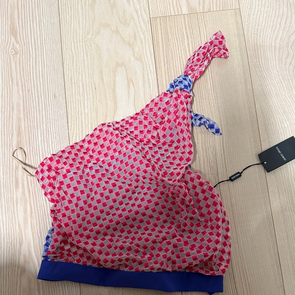 Giorgio Armani pink and blue checkered one shoulder top NWT